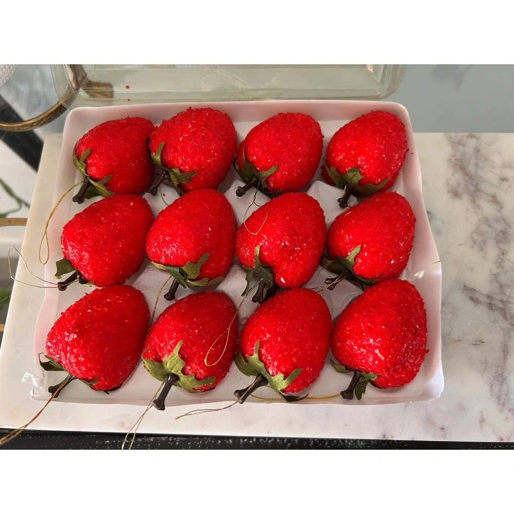 Vintage Sugared Strawberry Ornaments Set of 12 Red Faux Fruit Made in Taiwan